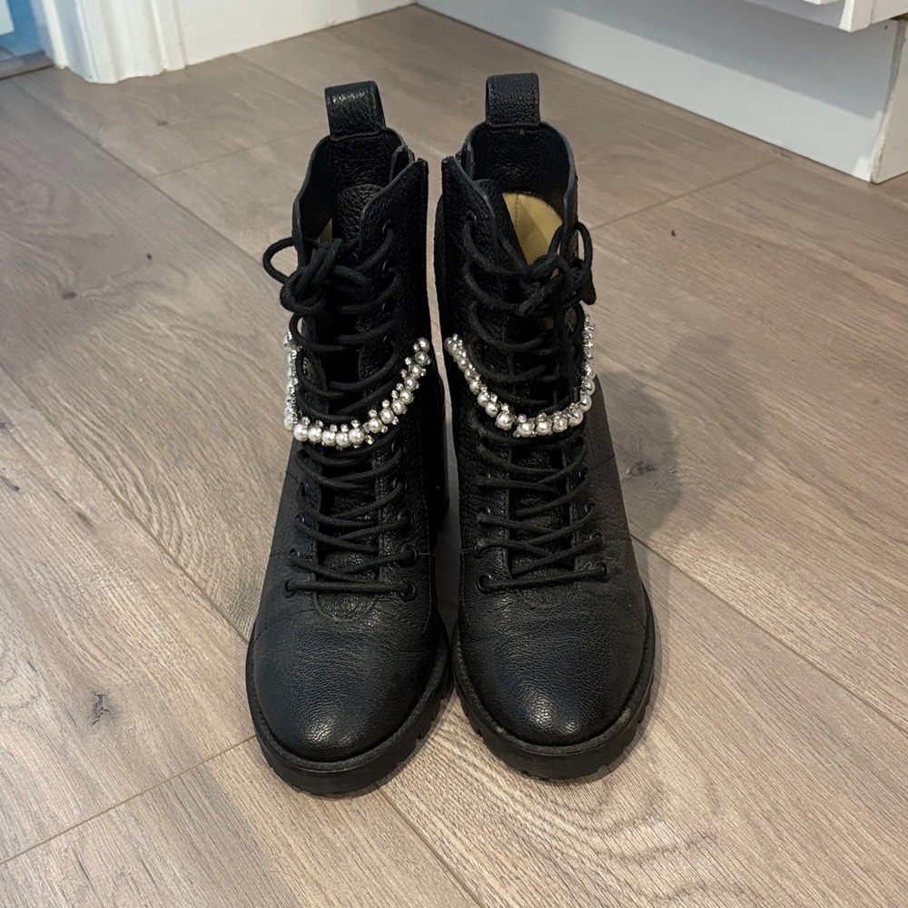 Jimmy Choo Black Combat Boots with Pearl Accents
